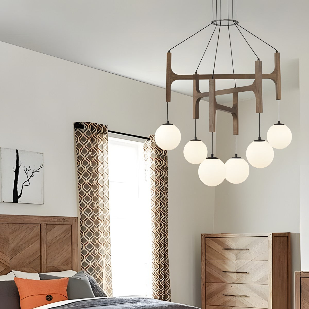 Astraea Farmhouse Wooden Branch Milk Glass Globe Chandelier