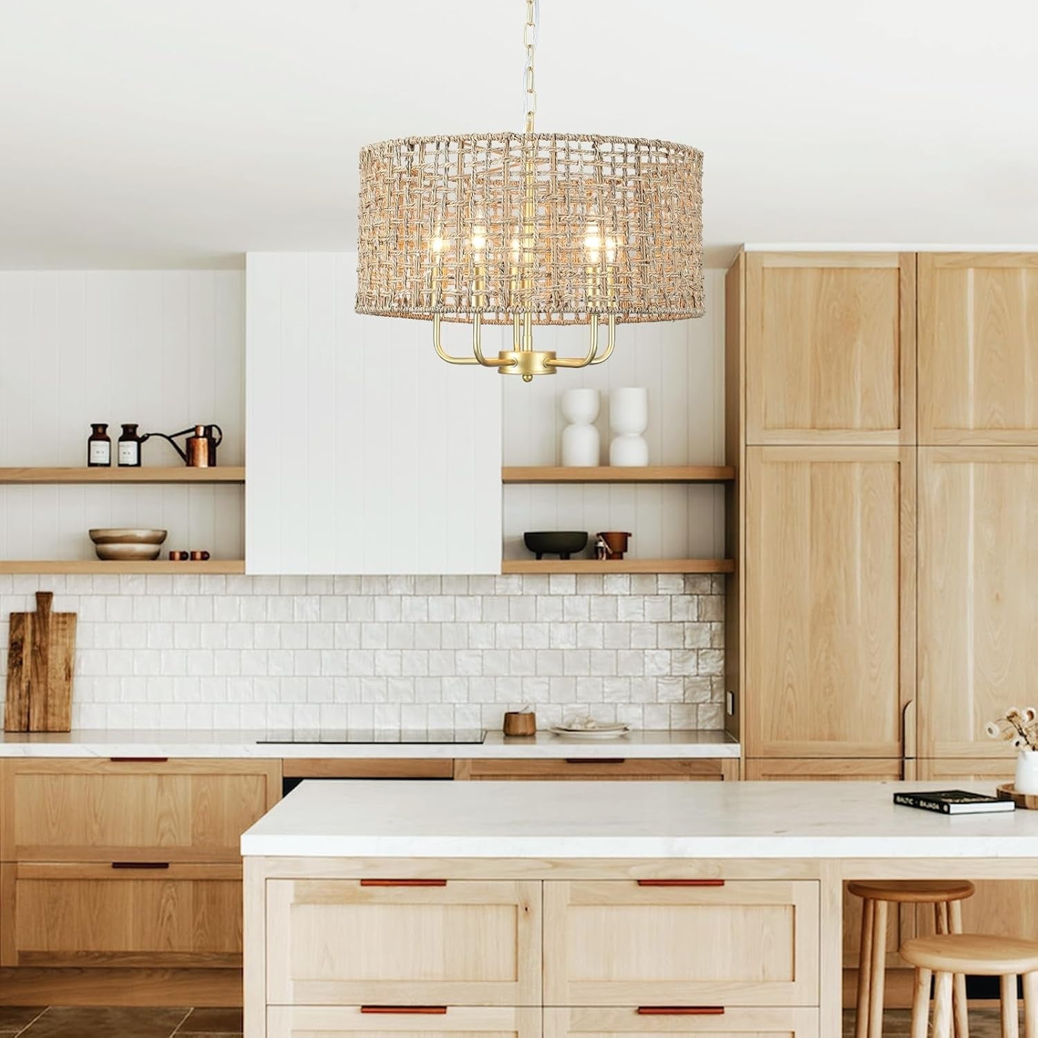Arlo Bohemian 5 Light Natural Rattan Drum Chandelier