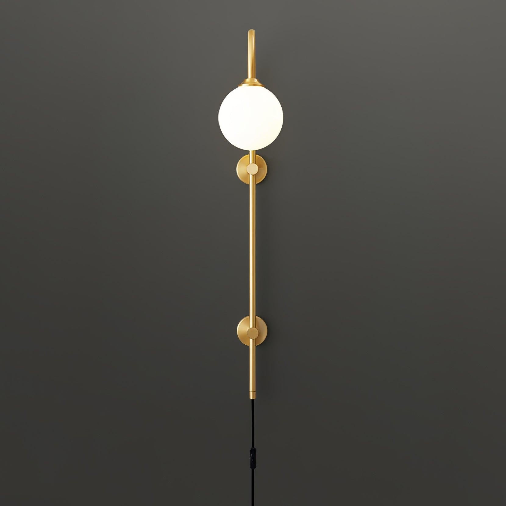 Qorven Minimalist Long Pole Globe Brass Plug In Wall Sconce