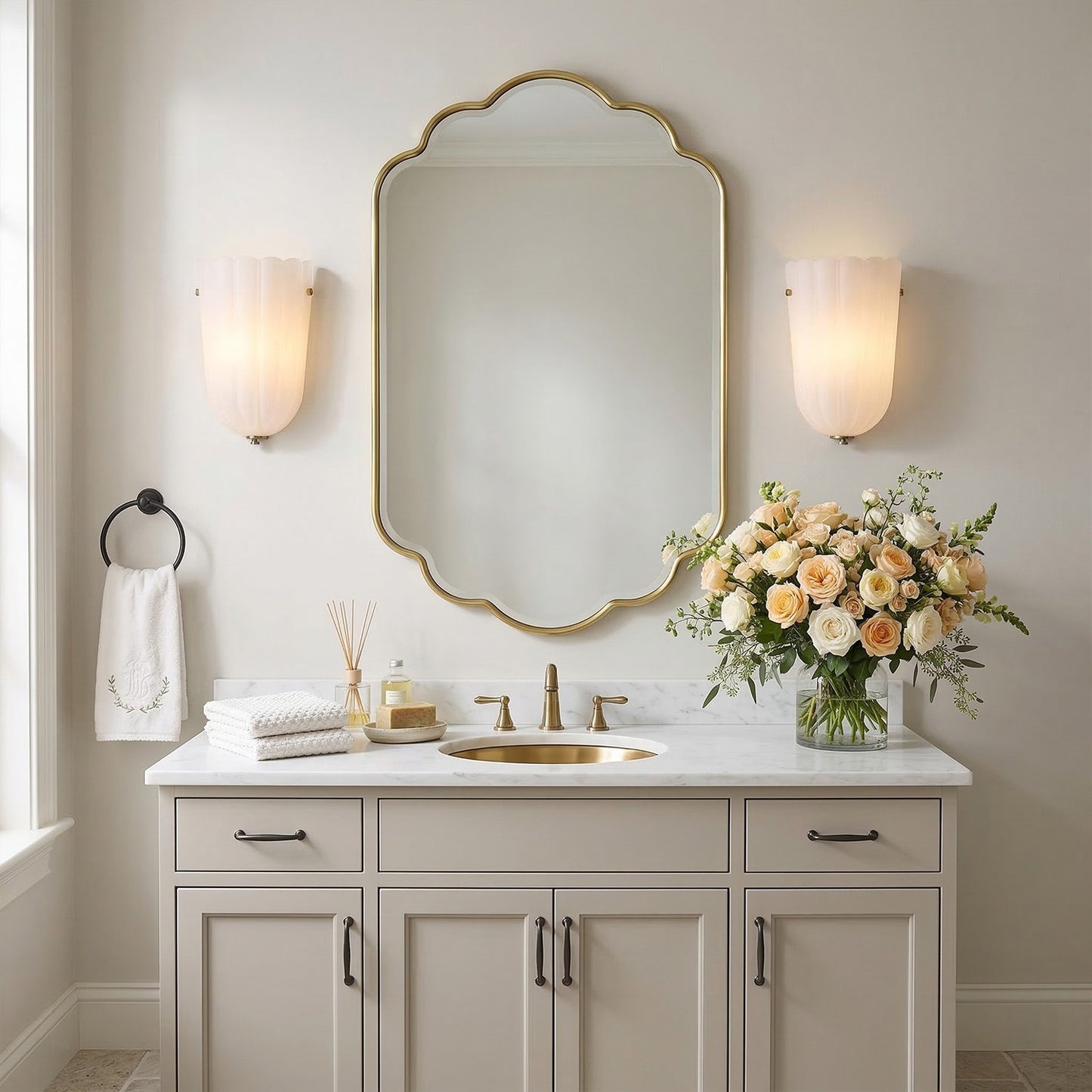 Zephyrine Decorative Antique Brass Flower Milky White Glass Wall Sconce