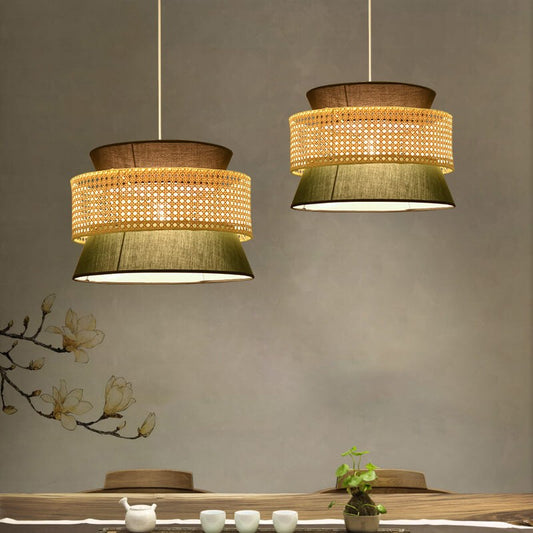 Lyzar Rustic Tiered Rattan Fabric Pendant Light
