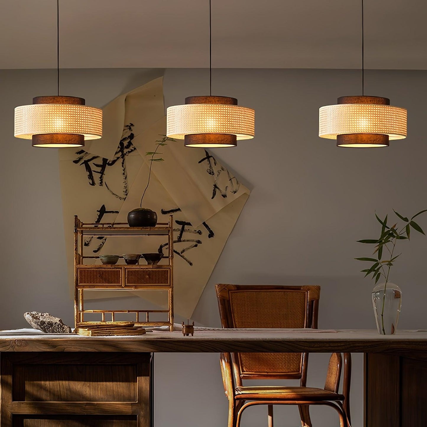 Nivara Rattan Linen Double Drum Pendant Light