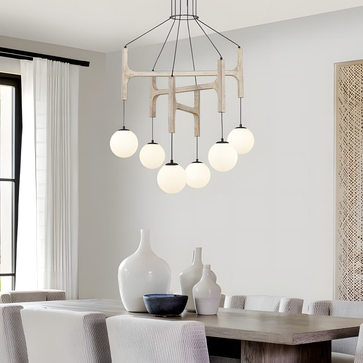 Astraea Farmhouse Wooden Branch Milk Glass Globe Chandelier