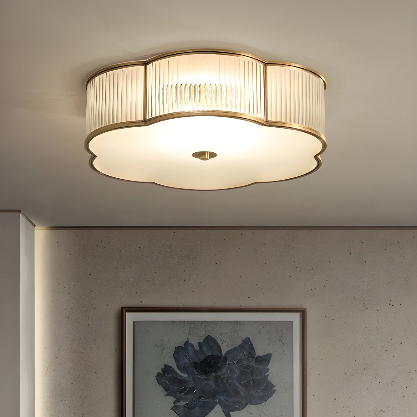 Marcela Traditional Brass Flower Ribbed Glass Ceiling Light