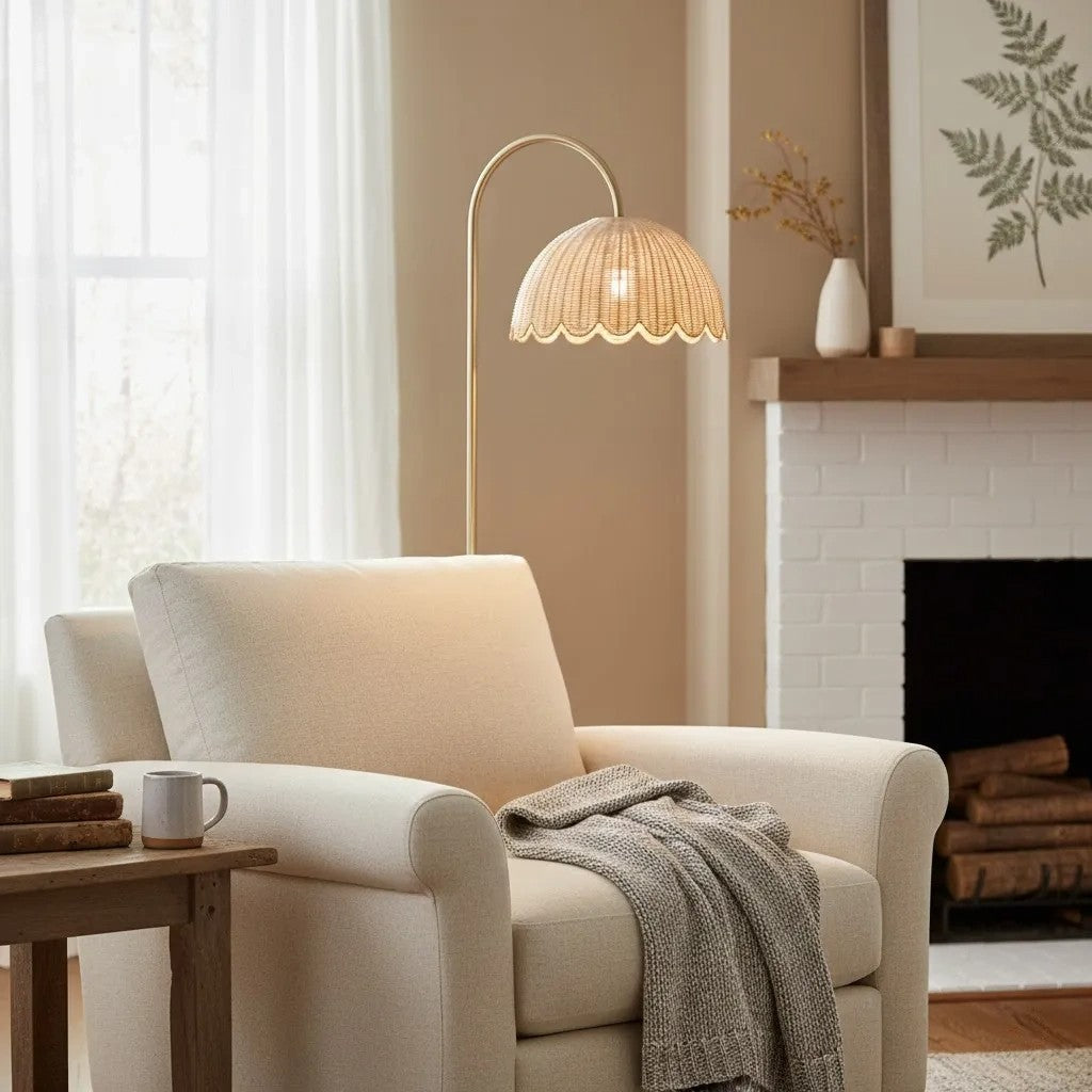 Marlowe Vintage Style Rattan Shade Wood - Based Floor Lamp