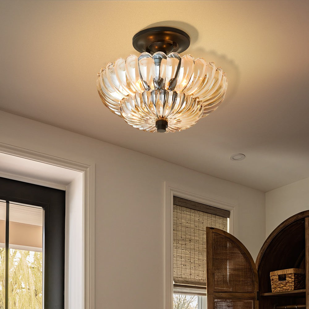 Raveena Vintage Amber Glass Semi Flush Mount Floral Ceiling Light