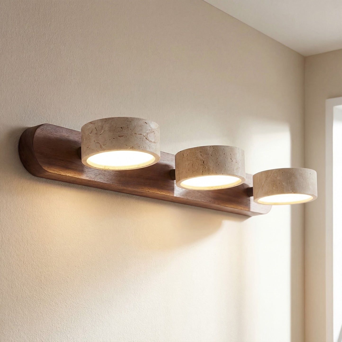 Benjamin Rustic Adjustable Travertine Wood Led Vanity Sconce