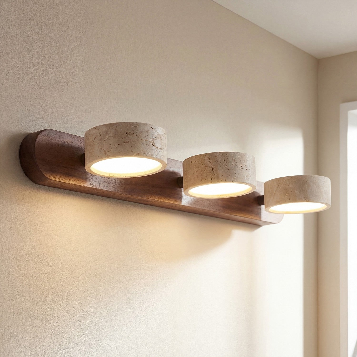 Benjamin Rustic Adjustable Travertine Wood Led Vanity Sconce