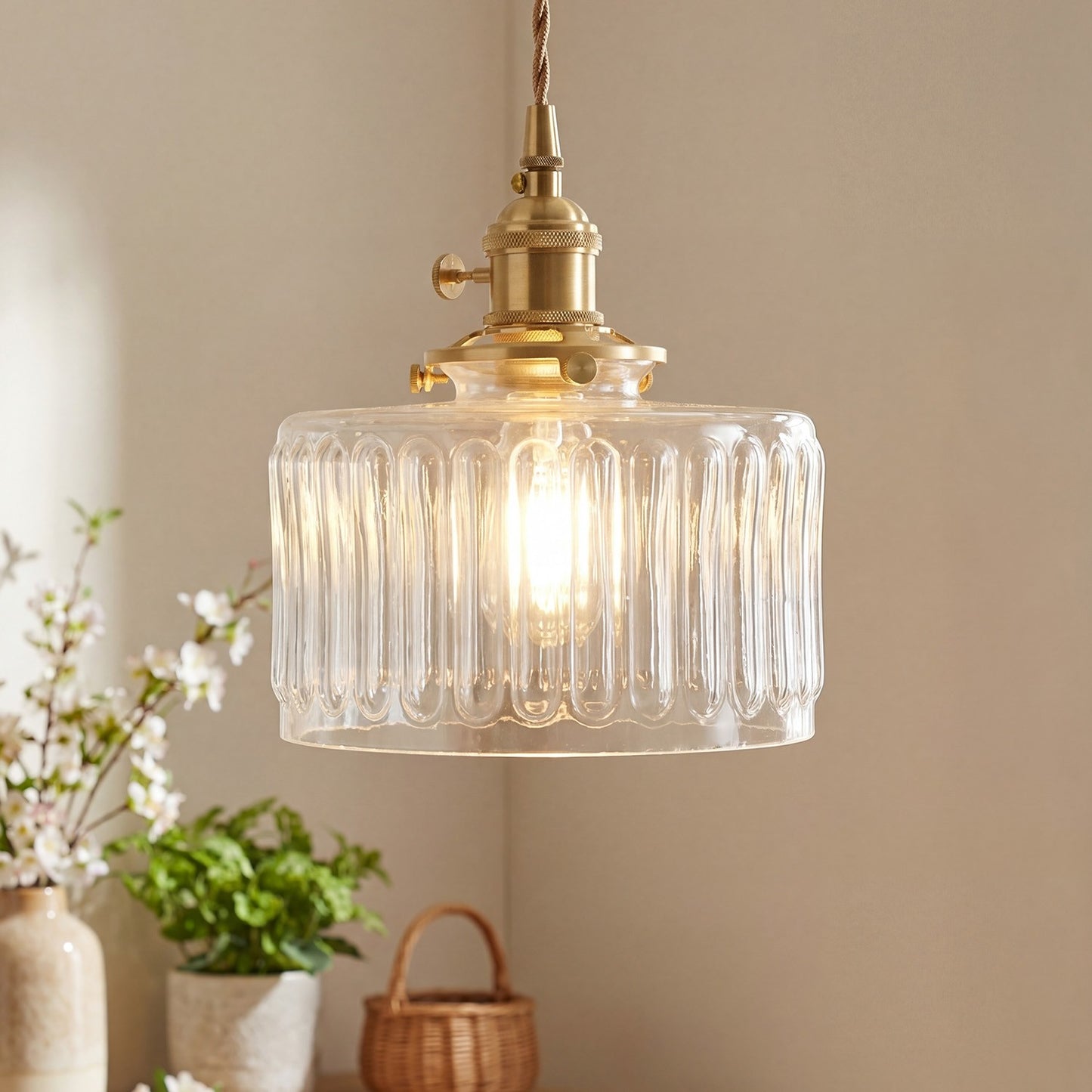 Zavier Vintage Cylinder Wave Pattern Glass Shade Pendant Chandelier