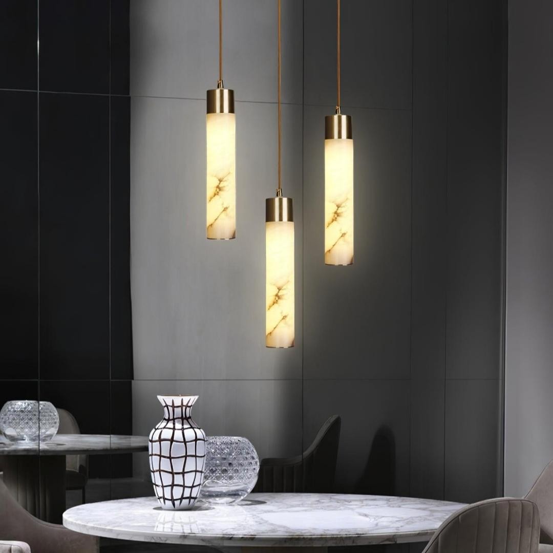 Odalys Luxurious Cylindrical Alabaster Brass Pendant Light