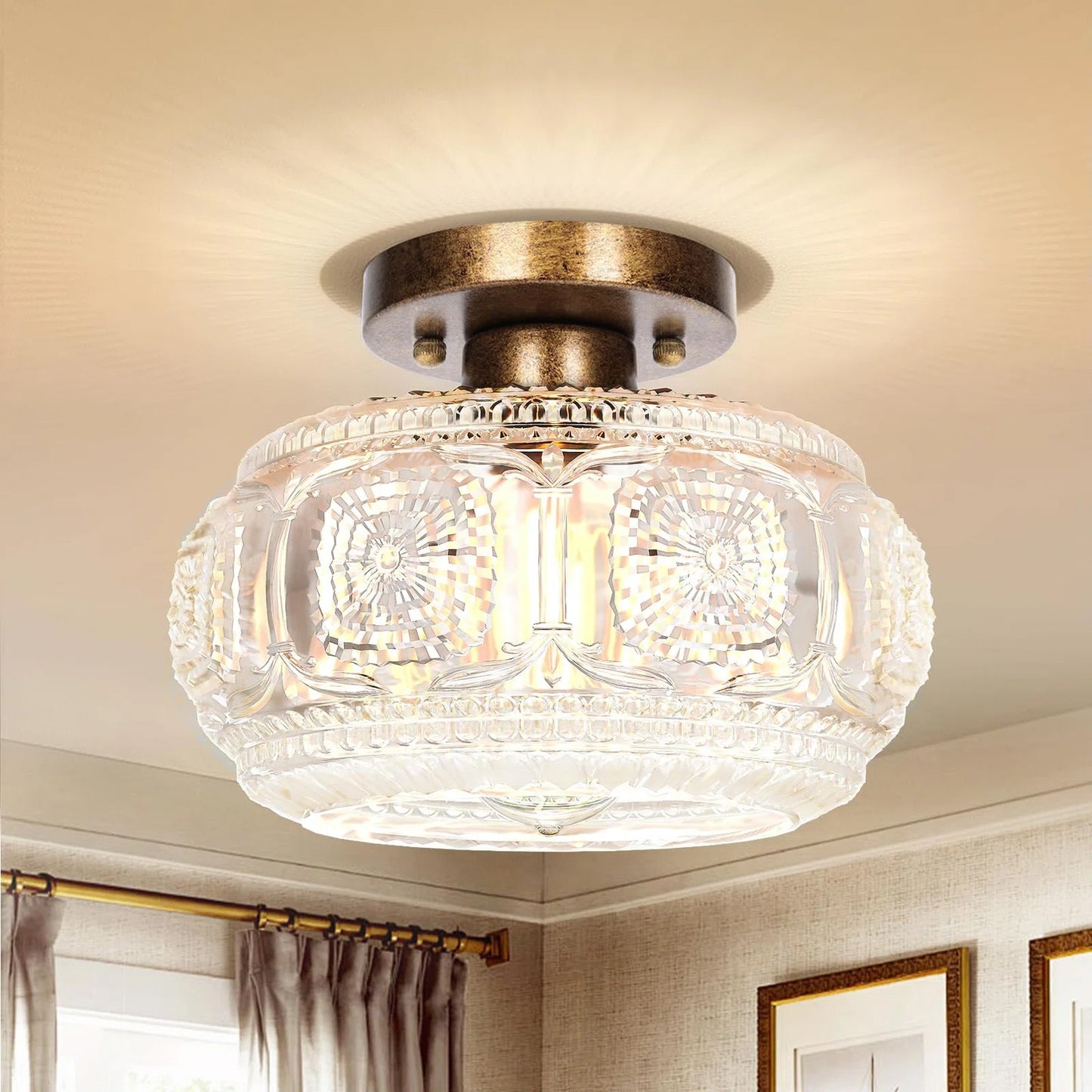 Ixionis Retro Carved Glass Semi Flush Ceiling Light
