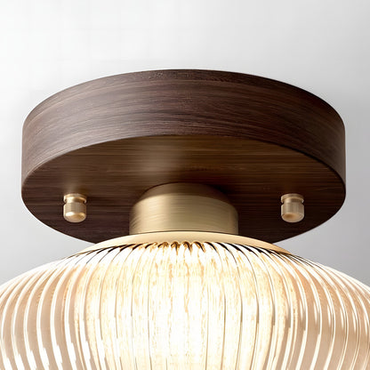 Caspian Retro Led Walnut Base Amber Fluted Glass Ceiling Light