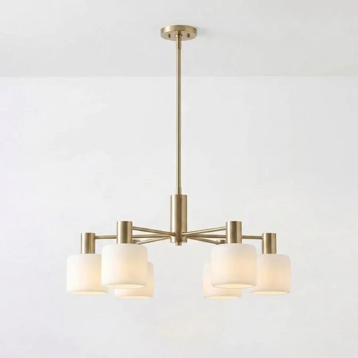 Aura Mid-Century Brass Porcelain Cylinder Chandelier
