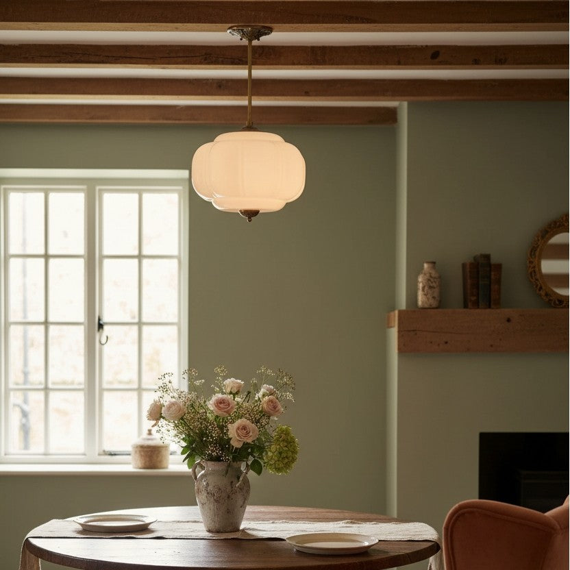 Elegant Eloise Scallop Milk Glass Semi-Flush Mount Ceiling Light - Vintage Brass Frame and Pumpkin Shape