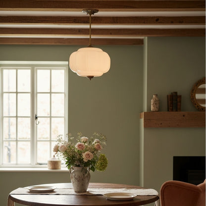 Elegant Eloise Scallop Milk Glass Semi-Flush Mount Ceiling Light - Vintage Brass Frame and Pumpkin Shape