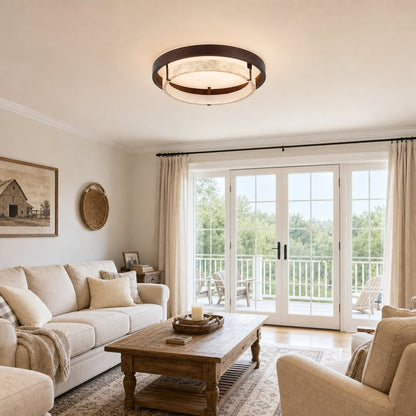 Jayce Organic Wood & Travertine Layered Round Ceiling Light