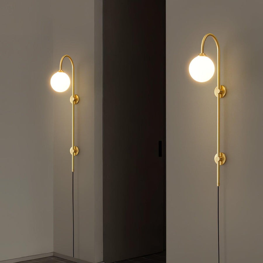 Qorven Minimalist Long Pole Globe Brass Plug In Wall Sconce