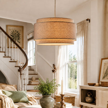Virelai Modern Linen Double Drum Pendant Light