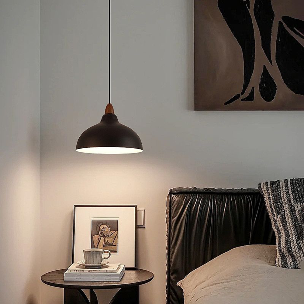 Zarek ‎Minimalist Walnut Wrought Iron Bowl Shaped Pendant Light