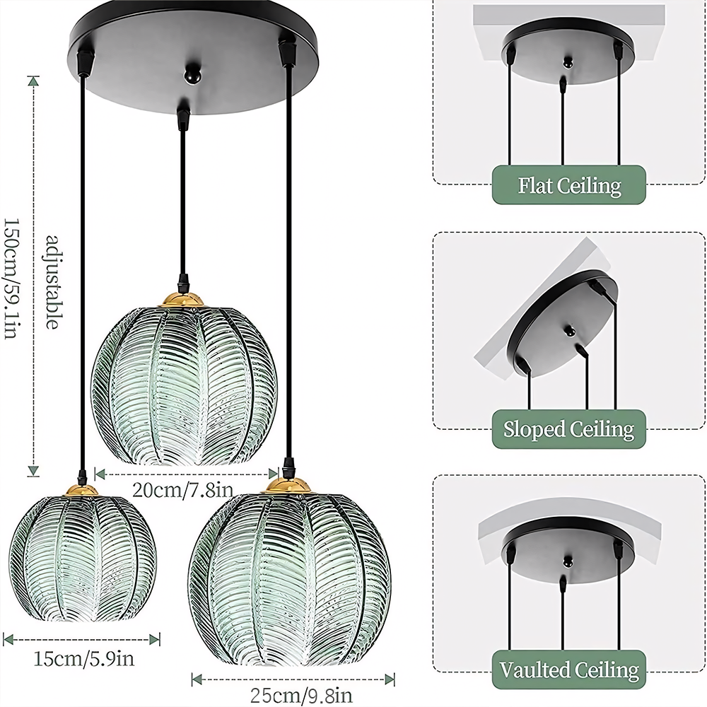 Yasmine Vintage Green Ribbed Glass Hanging Lamp