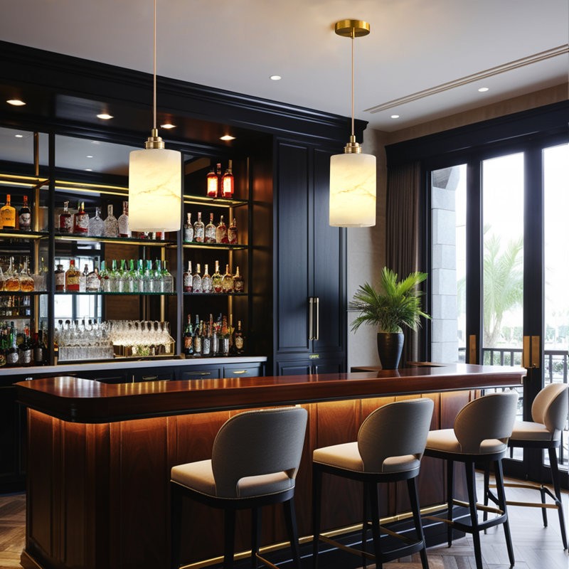 Beverlee Modern Brass Cylinder Alabaster Pendant Light