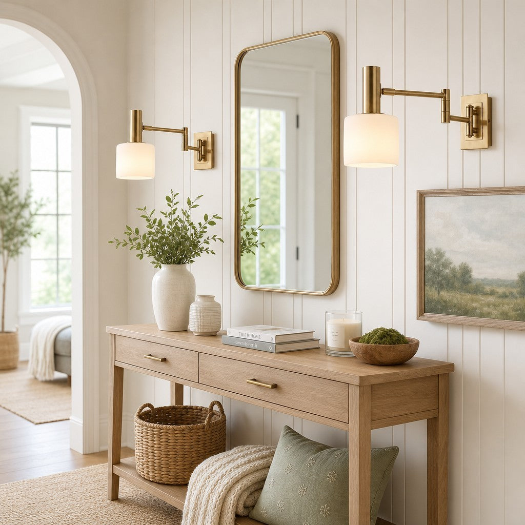 Aura Elegant Brass Swing Arm Porcelain Wall Sconce