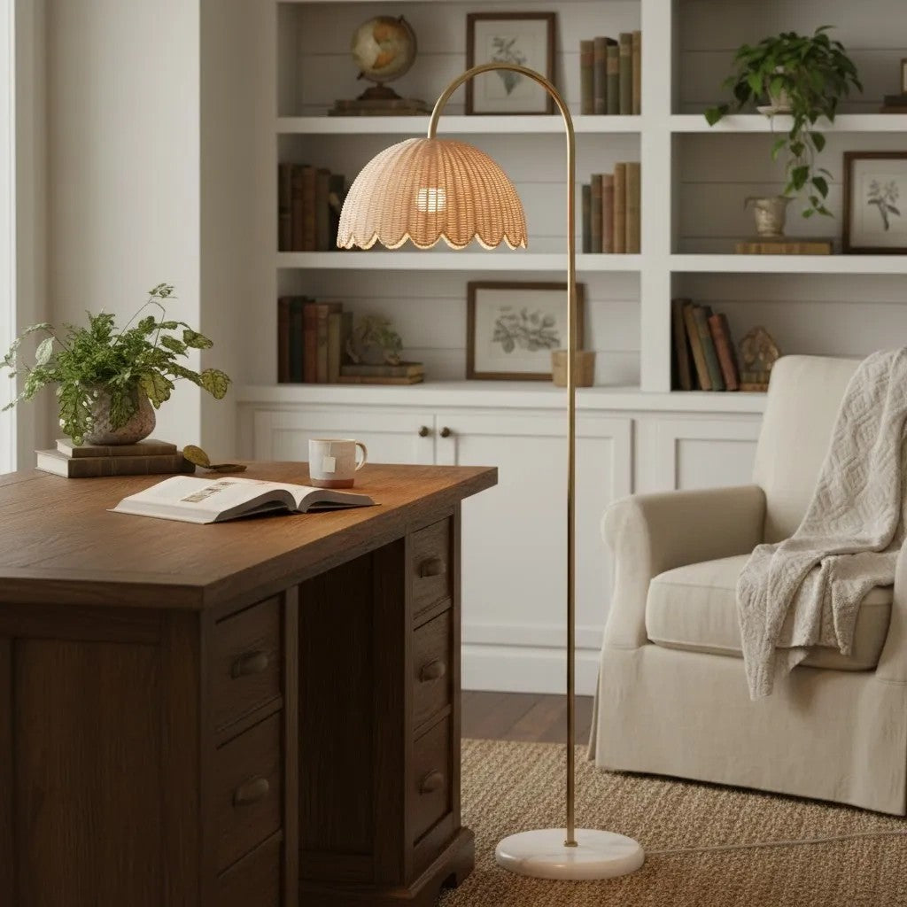 Marlowe Vintage Style Rattan Shade Wood - Based Floor Lamp