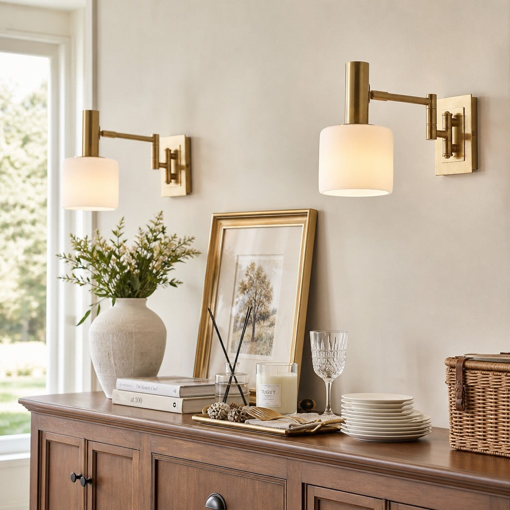 Aura Elegant Brass Swing Arm Porcelain Wall Sconce