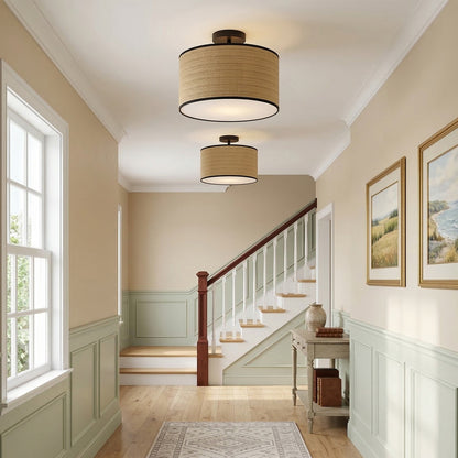 James Rustic Drum Woven Flush Mount Ceiling Light