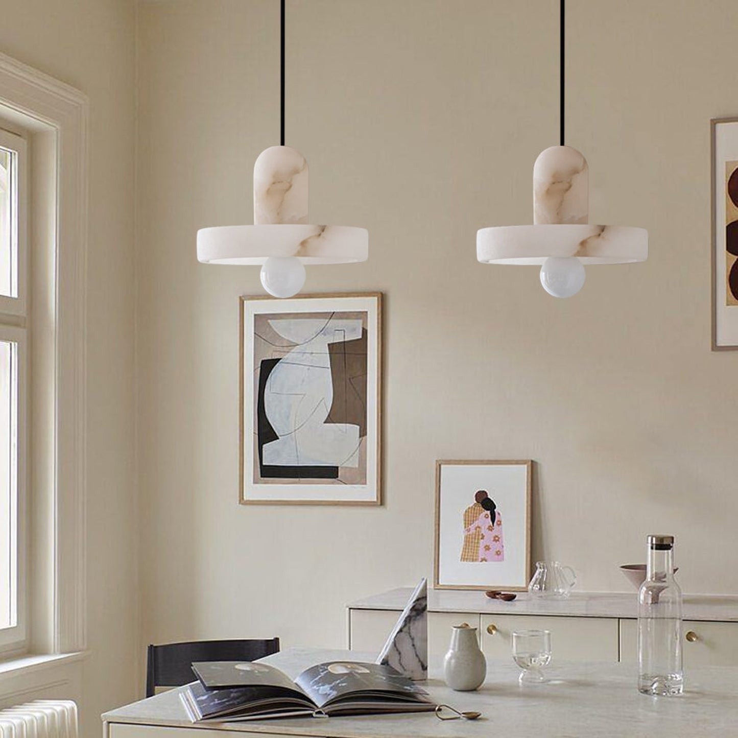 Vyndorix Farmhouse Hat Shaped Alabaster Pendant Light