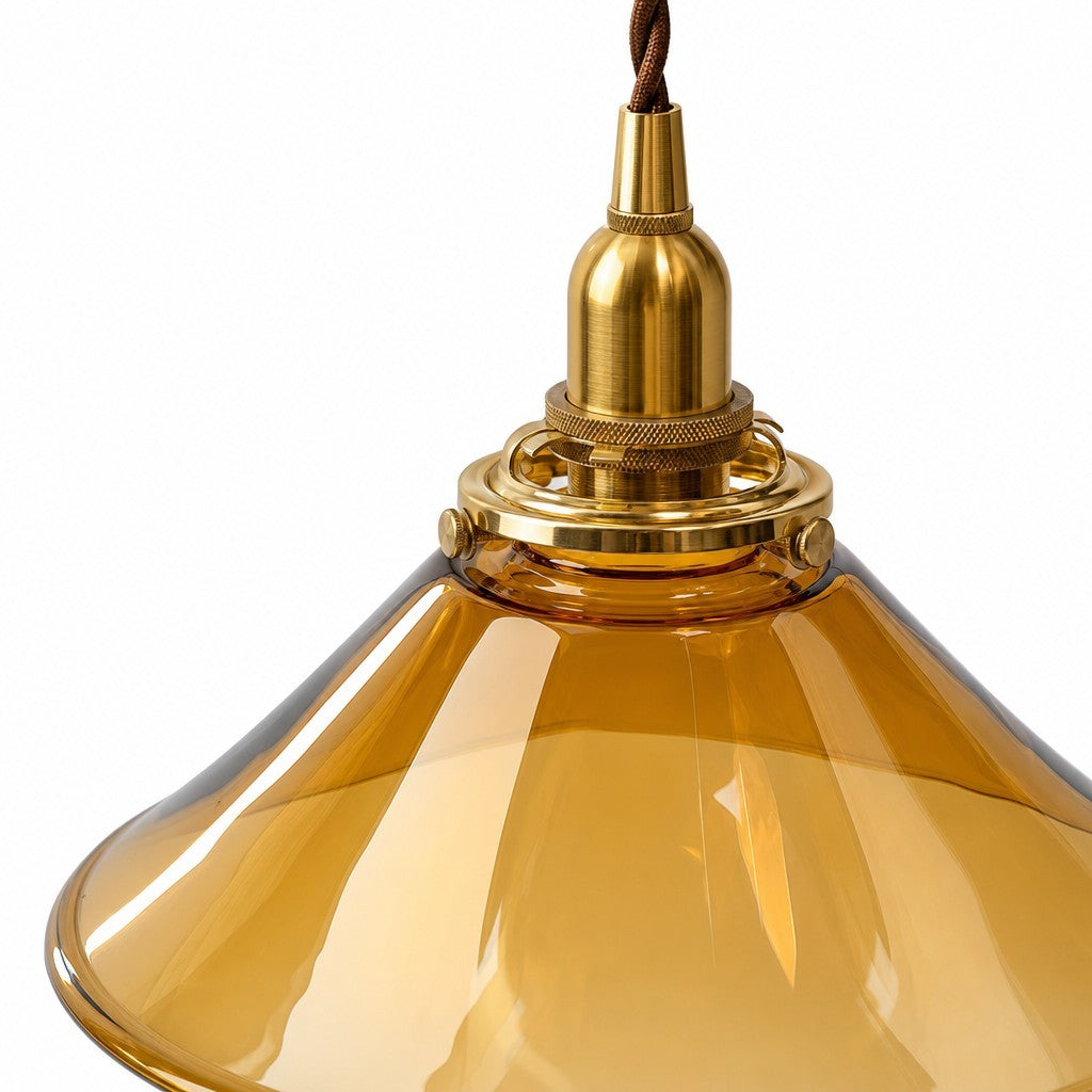 Vythar Retro Brass Cone Amber Glass Pendant Light