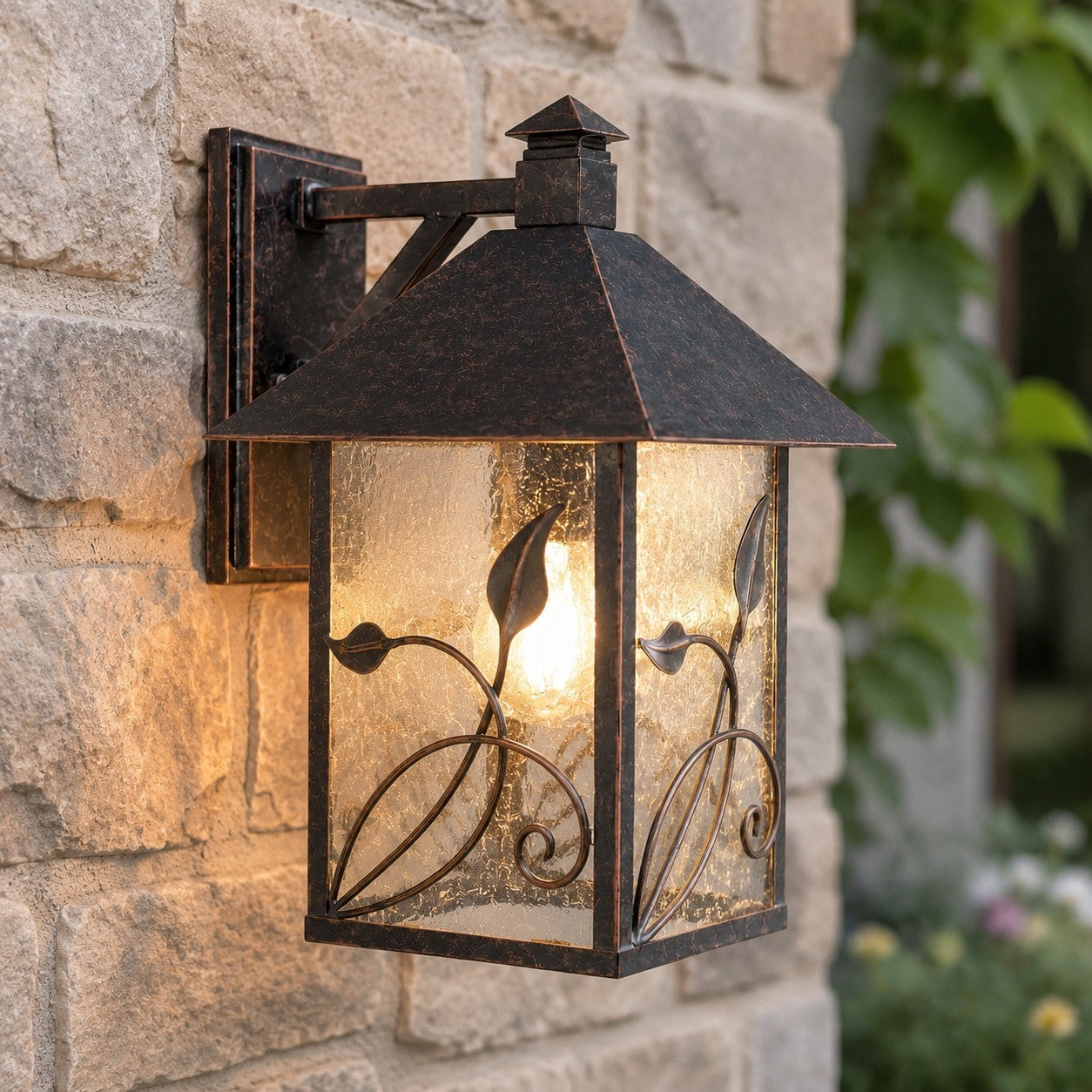 Bliss French Rustic Iron Lantern Seedy Glass Sconce