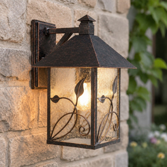 Bliss French Rustic Iron Lantern Seedy Glass Sconce