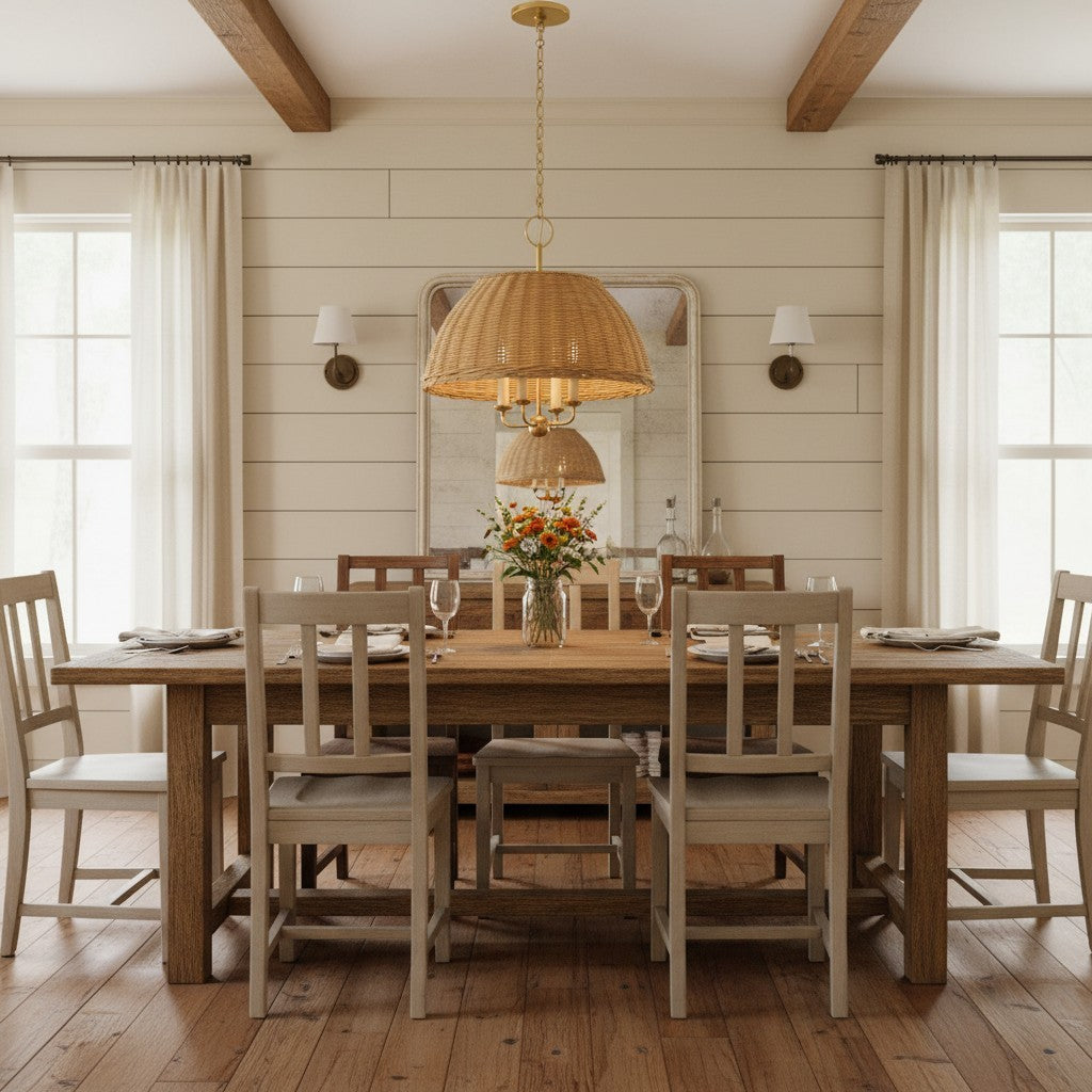 Margaret Minimalist Natural 4-Light Dome Rattan Brass Pendant Light