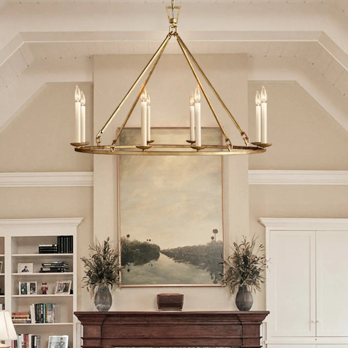 Jock French Gold Wagon Wheel Candle-Shaped Metal Chandelier