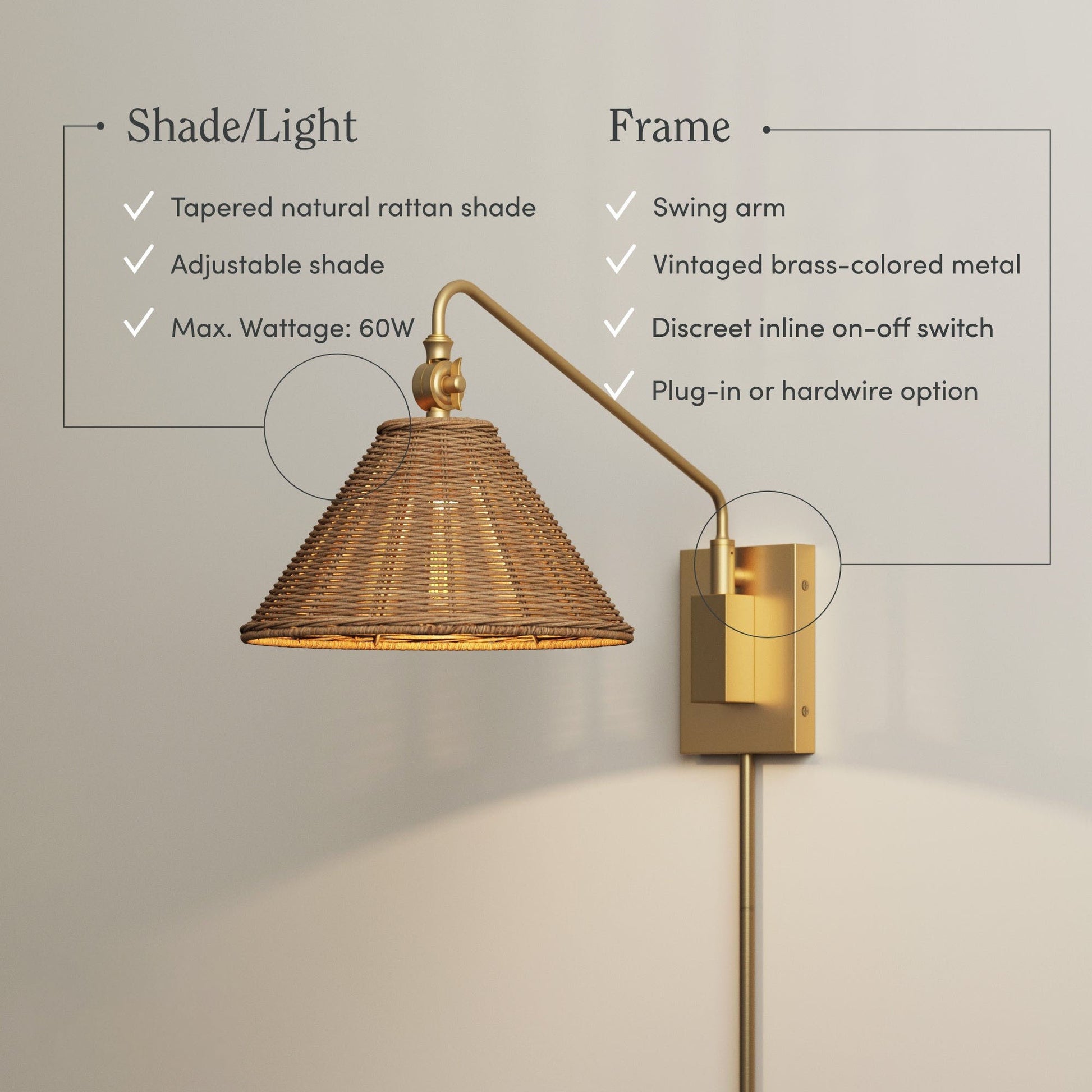 Novar Farmhouse Rattan Plug In Swing Arm Sconce（Set of 2）