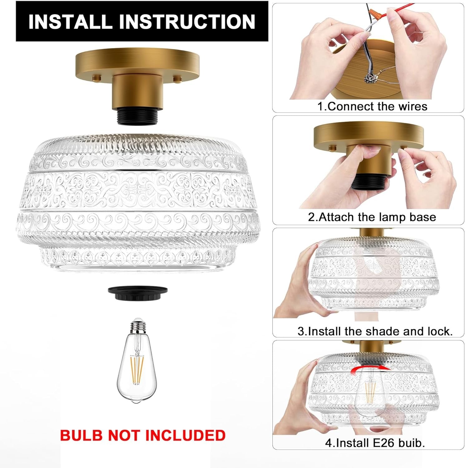 Ixionis Farmhouse Patterned Glass Semi Flush Mount Ceiling Light