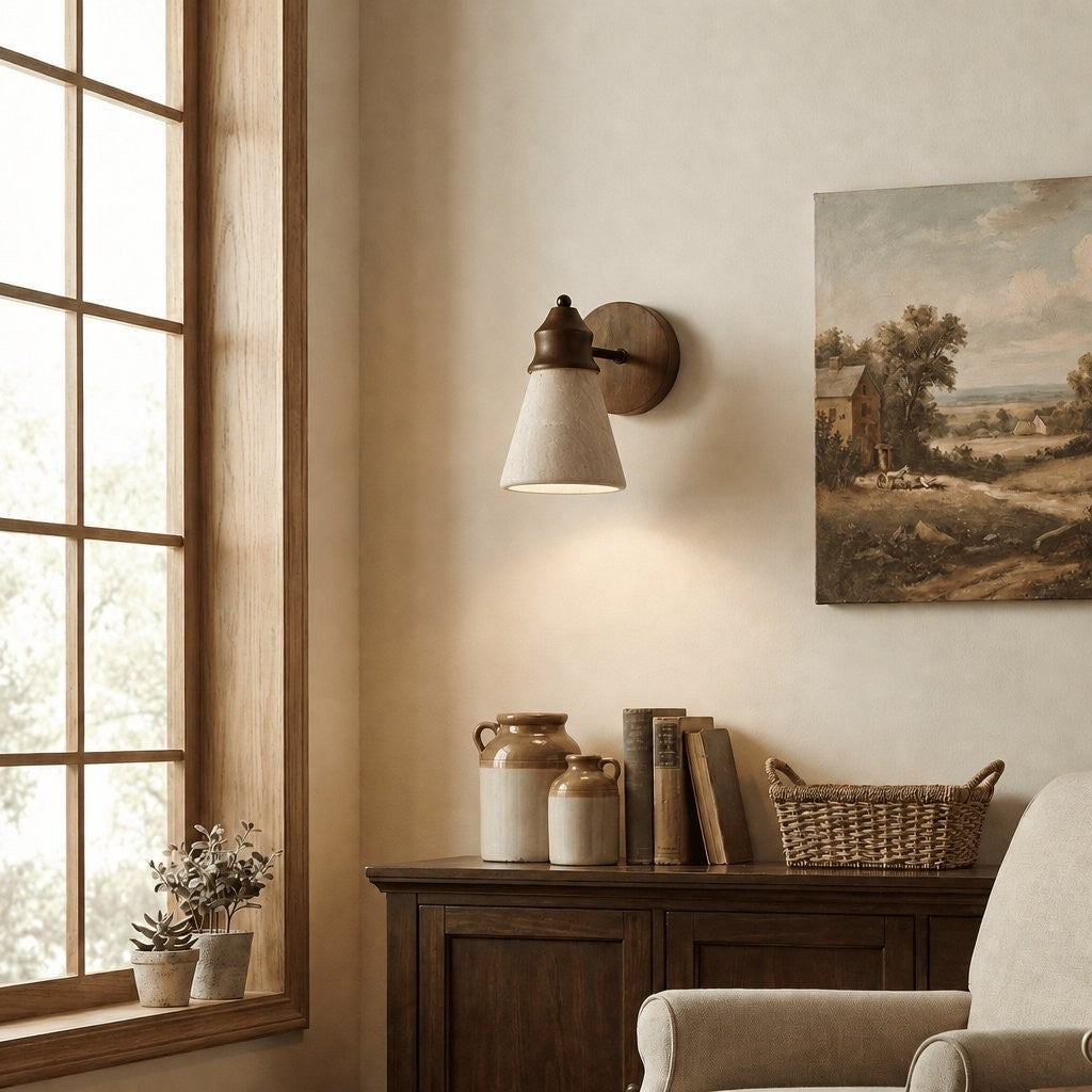 Jericho Wabi-Sabi Travertine Wood Tapered Wall Light