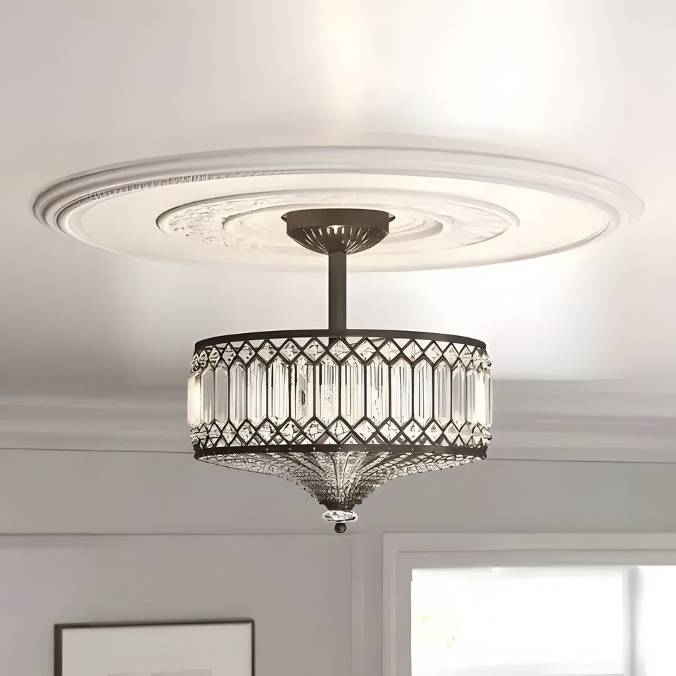 Parnika Luxury Carved Crystal Drum Semi Flush Chandelier