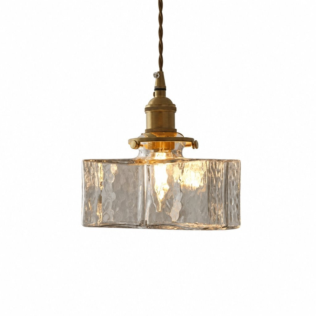 Faelthorin Farmhouse Brass Hammered Square Glass Pendant Lamp