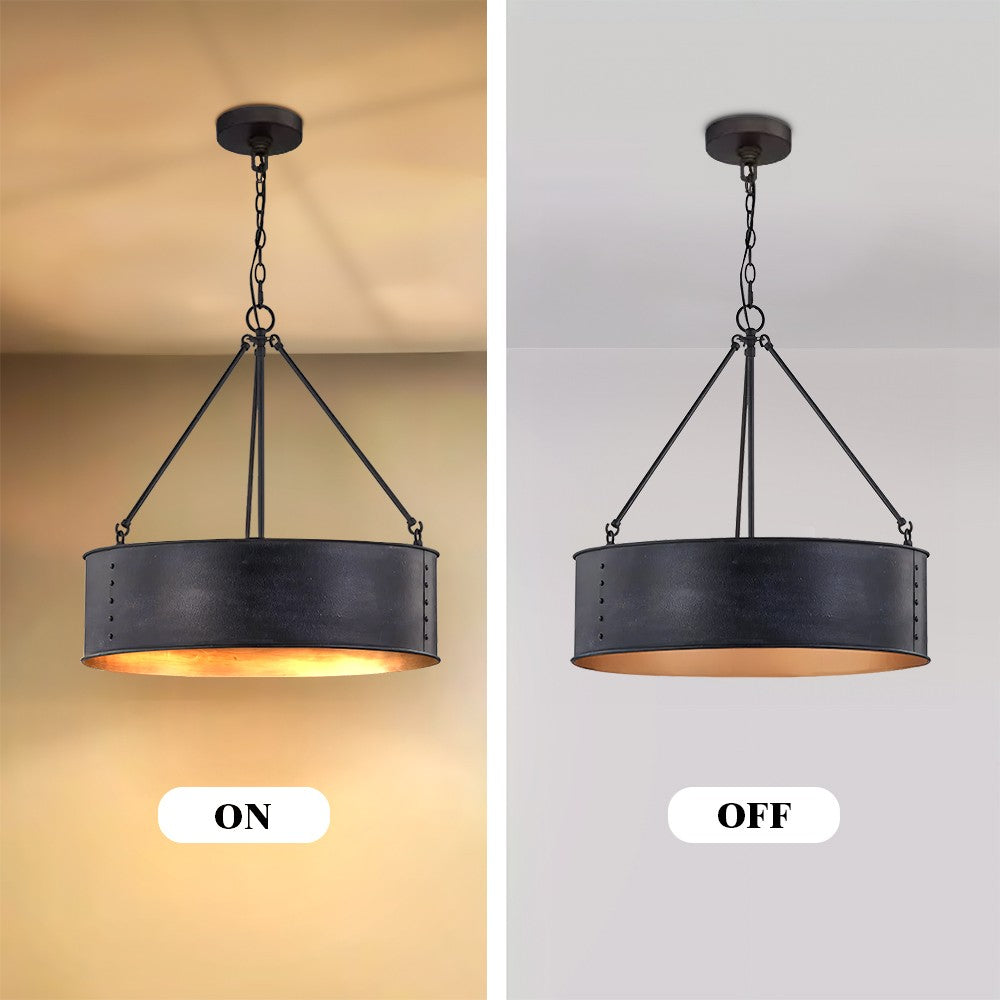 Quillan Industrial Large Black Drum Pendant Light For Dinning Room