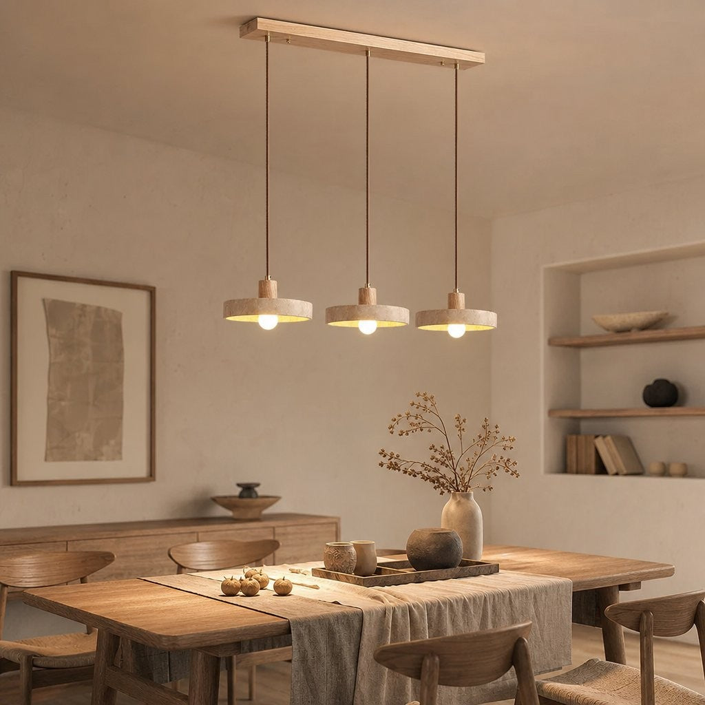 Harlow Wabi-Sabi Travertine & Wood Circular Pendant Light