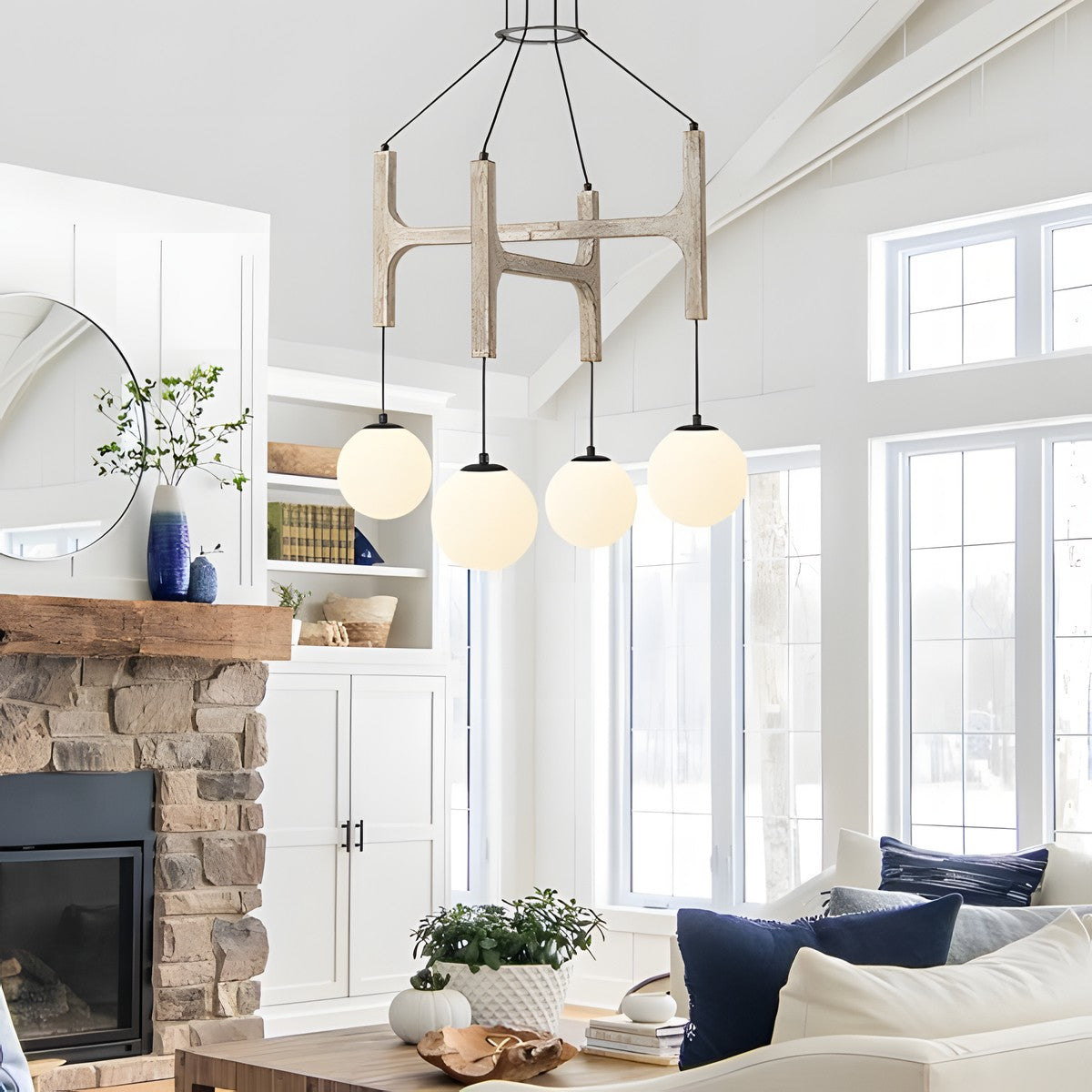 Astraea Farmhouse Wooden Branch Milk Glass Globe Chandelier
