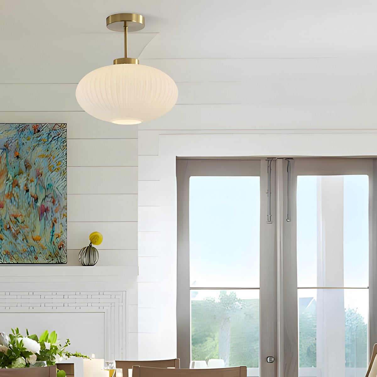 Jorik Natural Green Ribbed Glass Oval Ceiling Light
