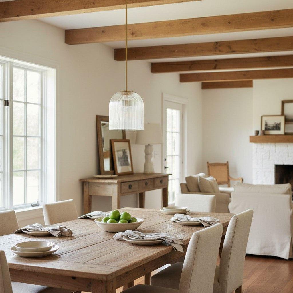 Alain Farmhouse Cooper Ribbed Glass Pendant Light For Dining Room & Kitchen