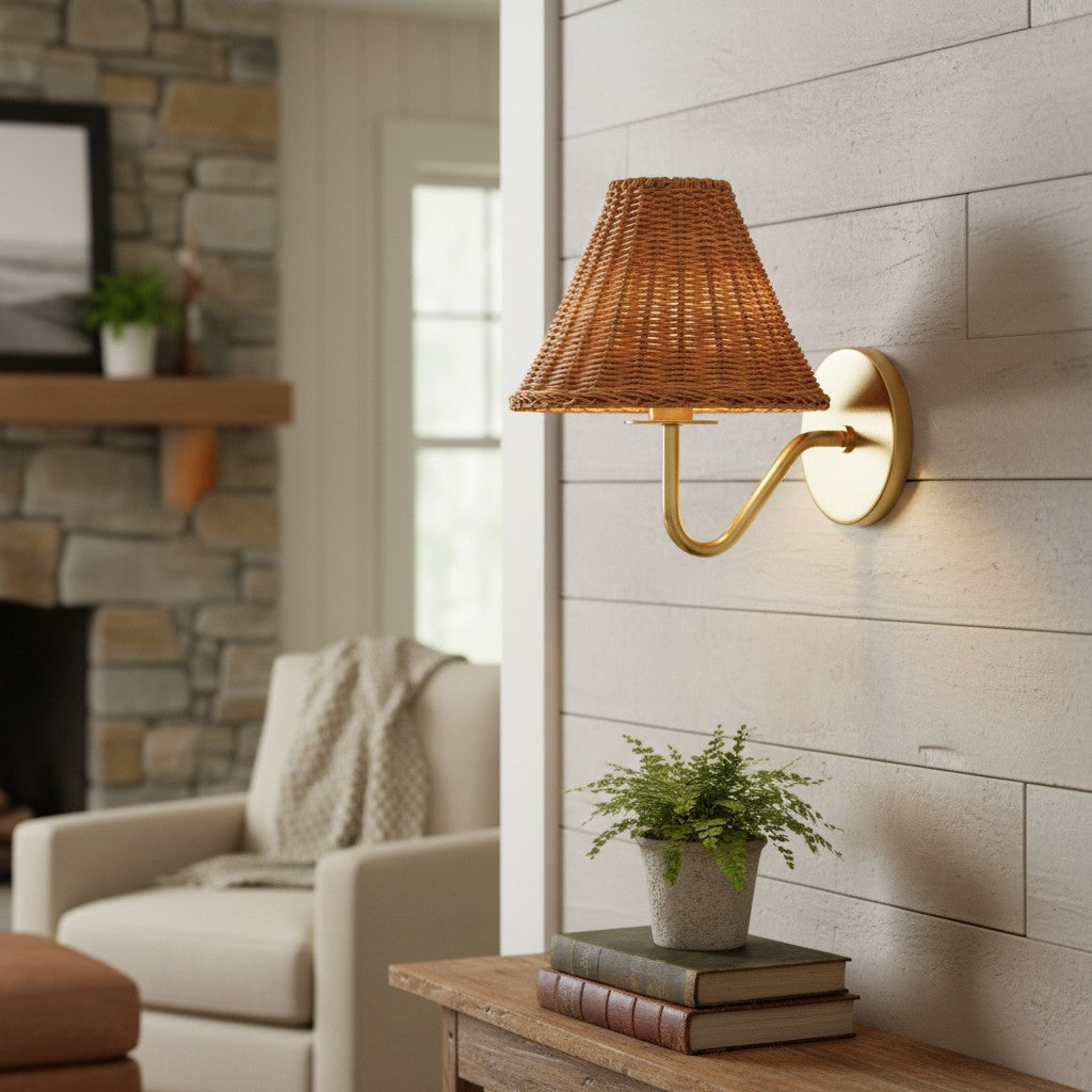 Betty Natural Rattan Cone Brass Wall Sconce