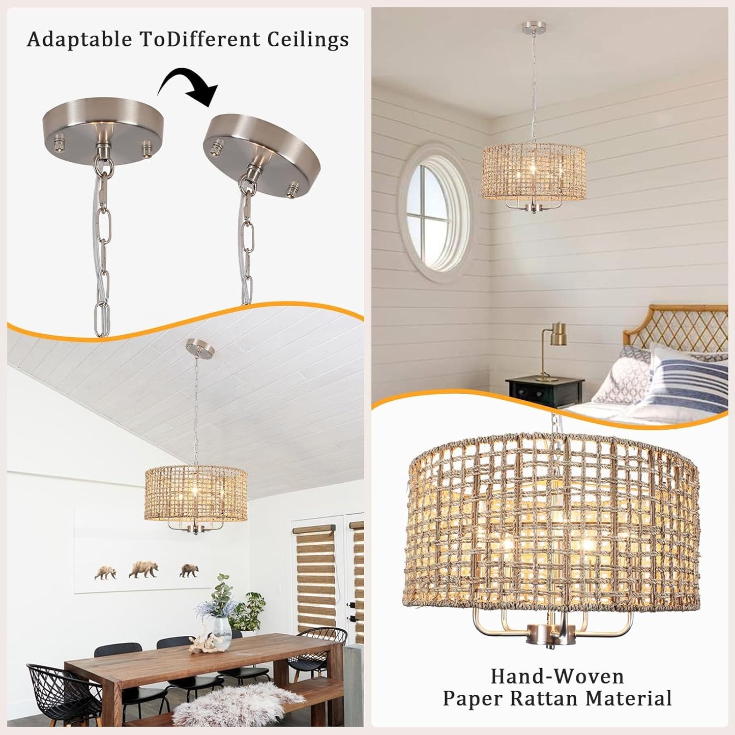 Arlo Bohemian 5 Light Natural Rattan Drum Chandelier