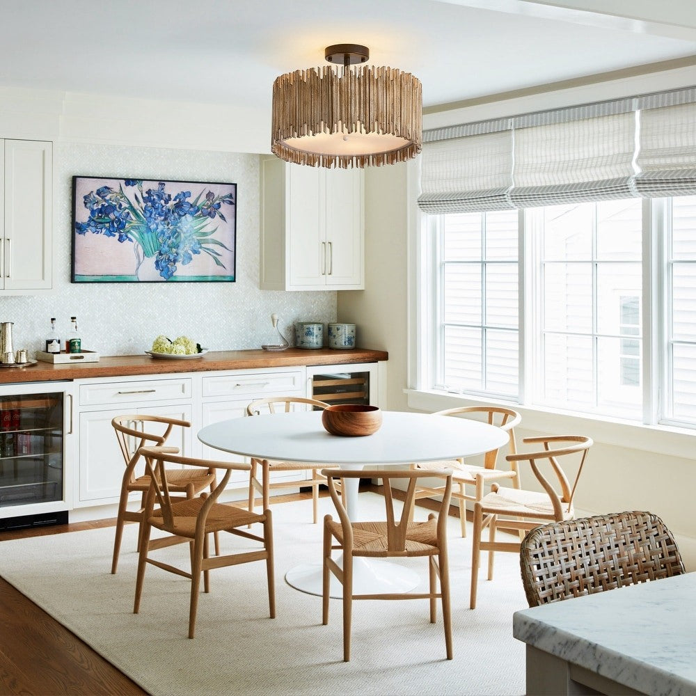 Callio Rustic Distressed White Wood Drum Semi Flush Mount Ceiling Light