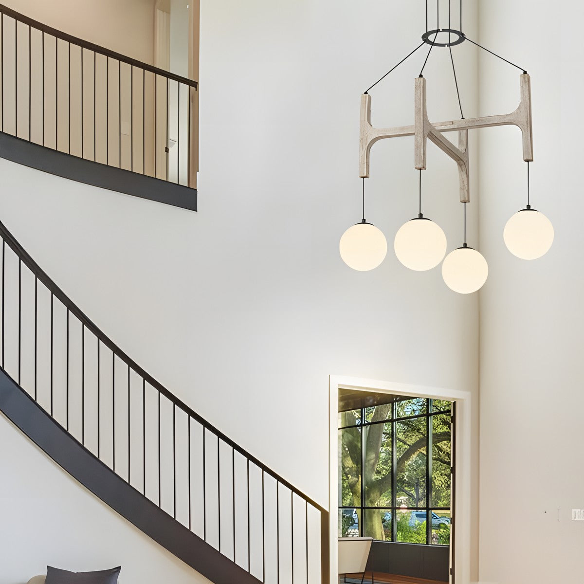 Astraea Farmhouse Wooden Branch Milk Glass Globe Chandelier