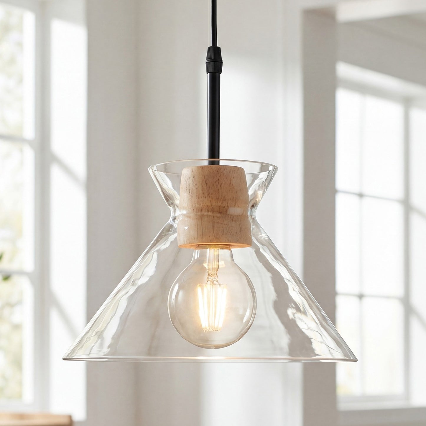 Kethor Mid Century Wood Hammered Glass Dome Pendant Light